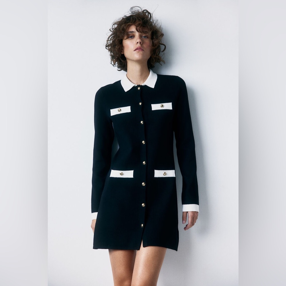 H&M Black Knit Long-Sleeve Button-Front Dress with Cream Trim